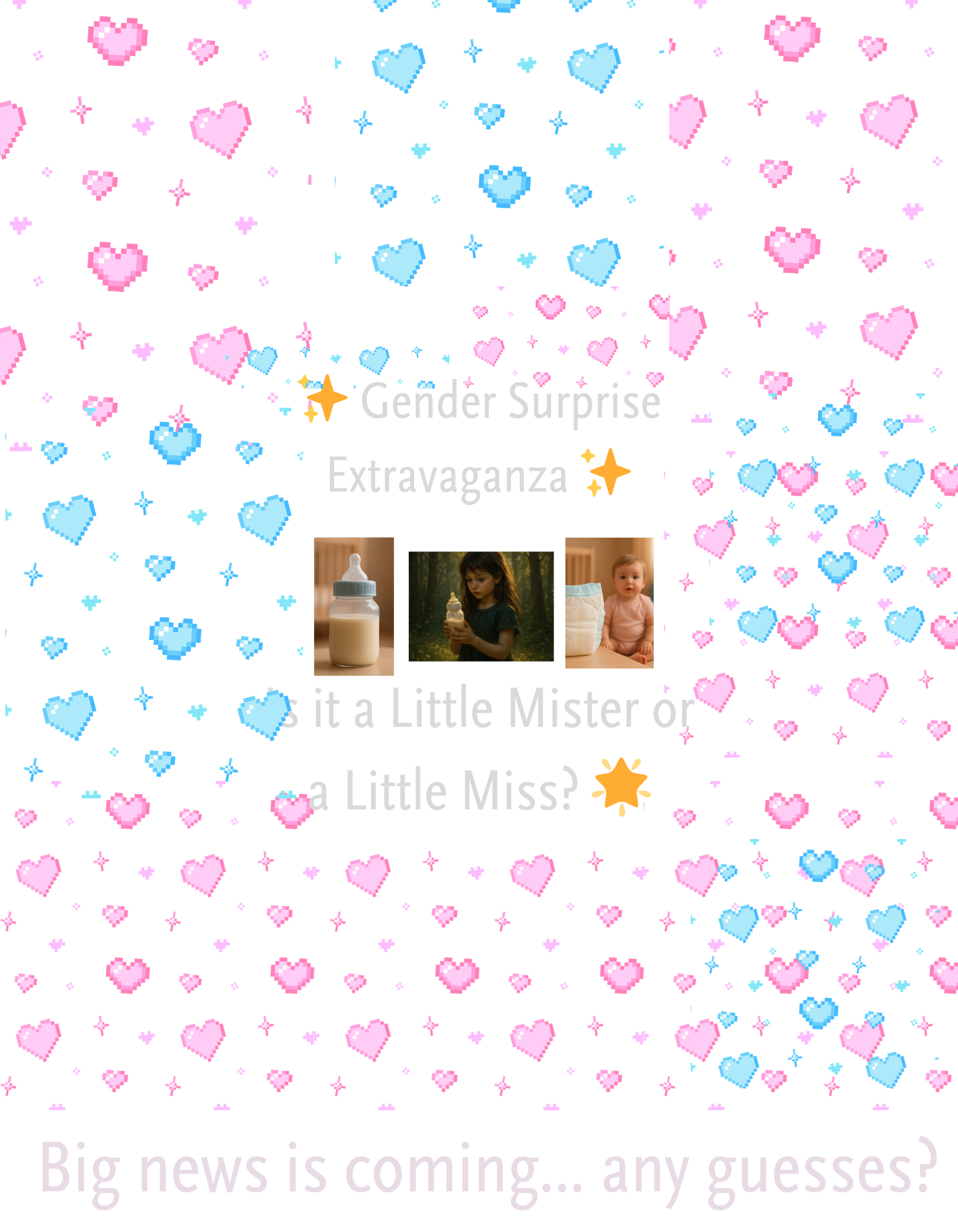 Gender reveal announcement with hearts, stars, and baby images on a white background.